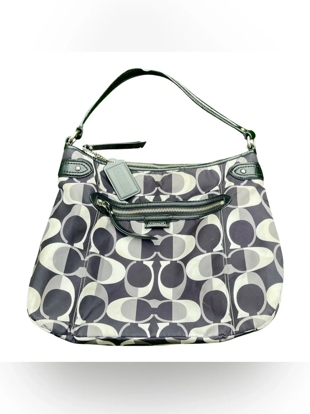 Authentic Coach Signature Nylon Hobo Bag – Black & Grey Monogram